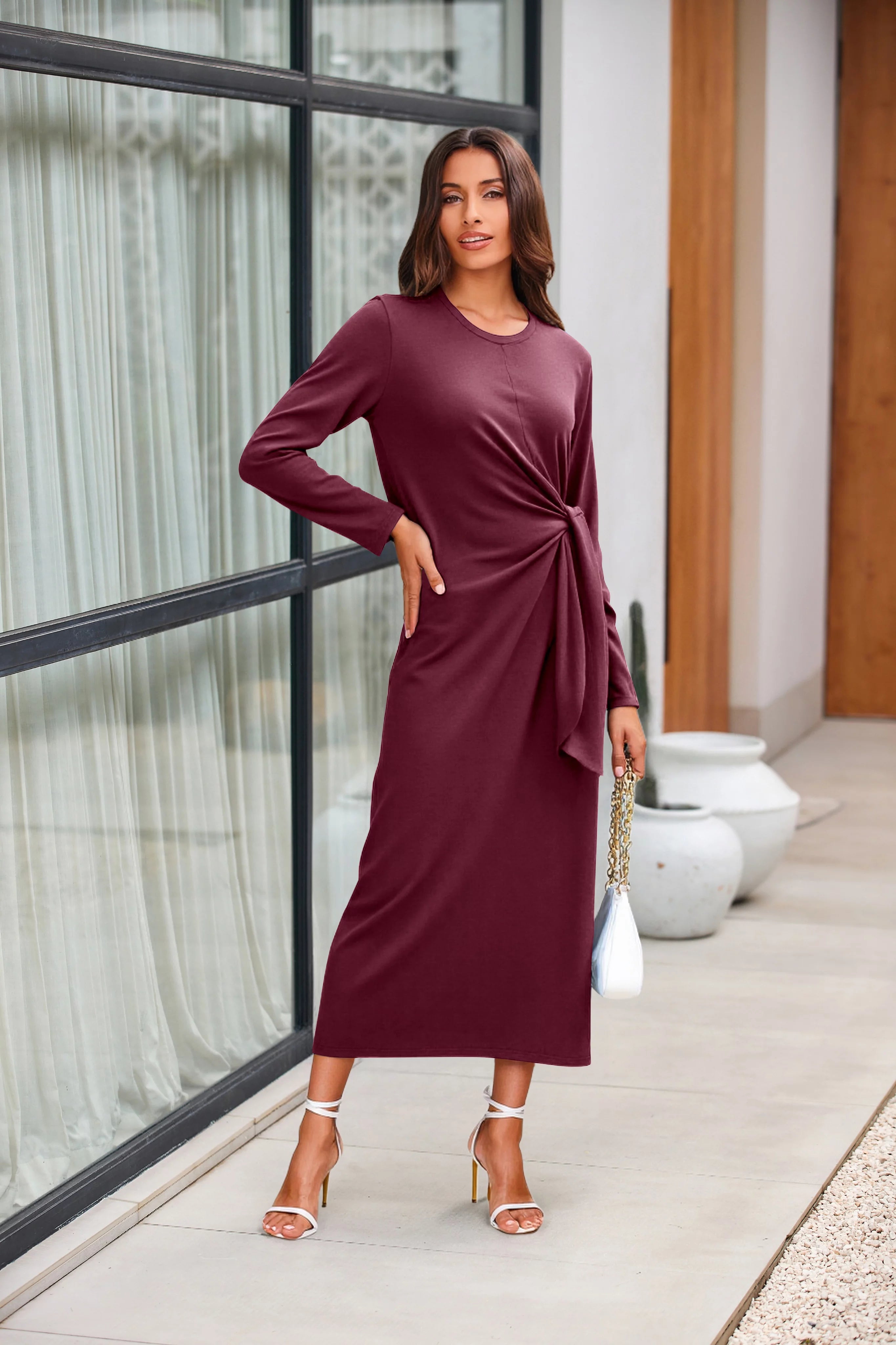 Womens Burgundy Long Sleeve Maxi Dress