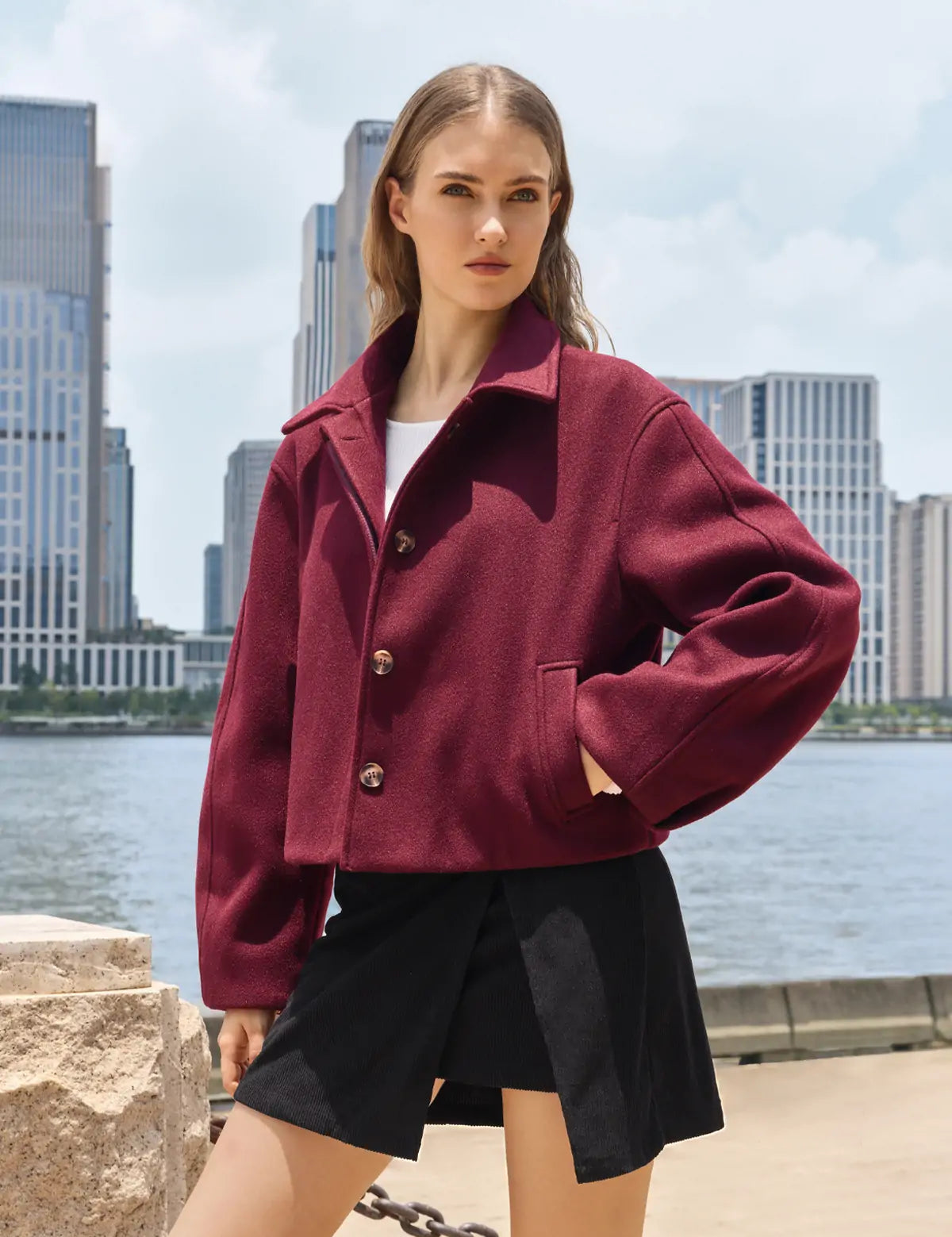 Womens Burgundy Cropped Pea Coat 1