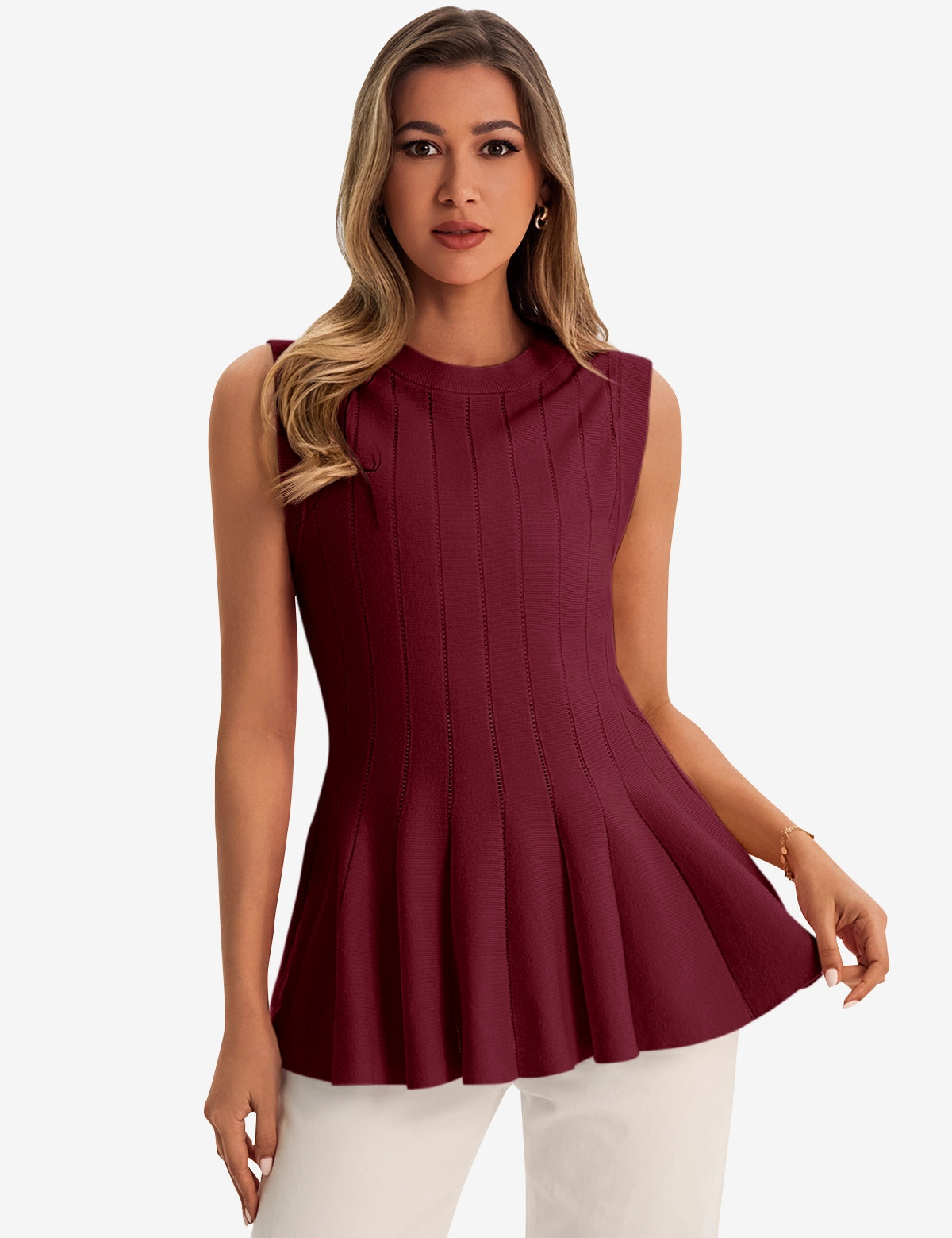Womens Burgundy Pleated Peplum Tank Tops 1