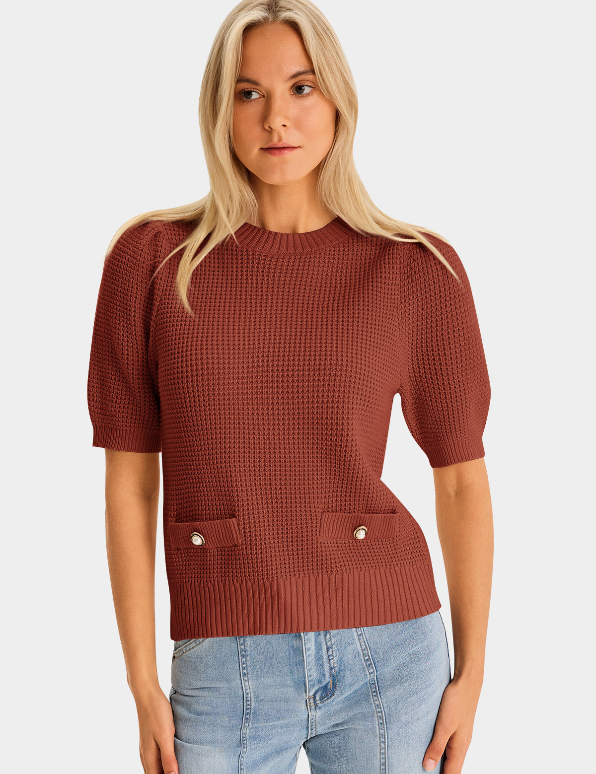Womens Caramel Puff Short Sleeve Sweaters Tops 2