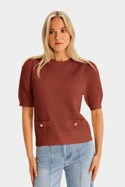 Womens Caramel Puff Short Sleeve Sweaters Tops 2