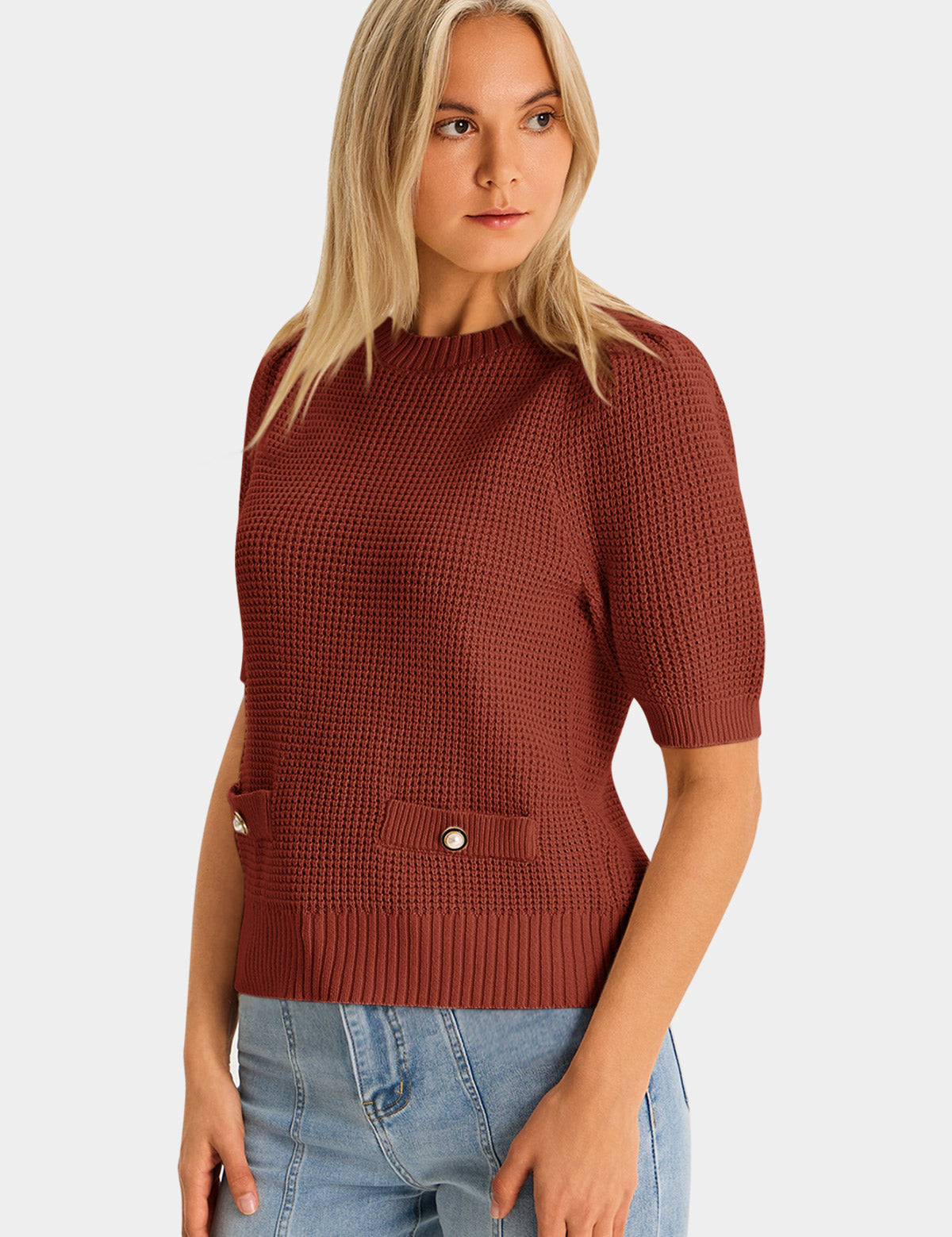Womens Caramel Puff Short Sleeve Sweaters Tops 3