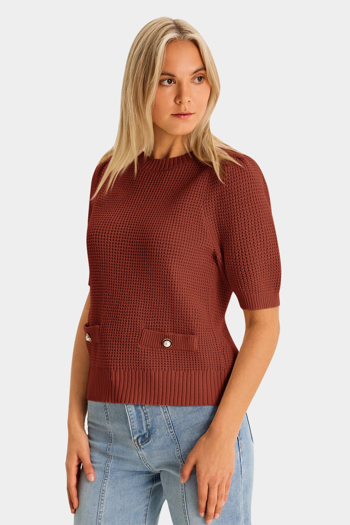 Womens Caramel Puff Short Sleeve Sweaters Tops 3