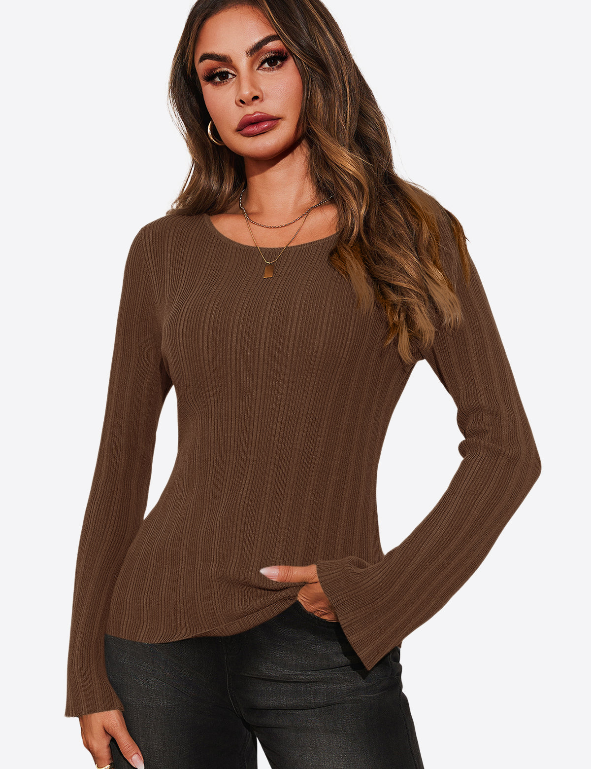 Womens Coffee Long Sleeve Knit Tops 1