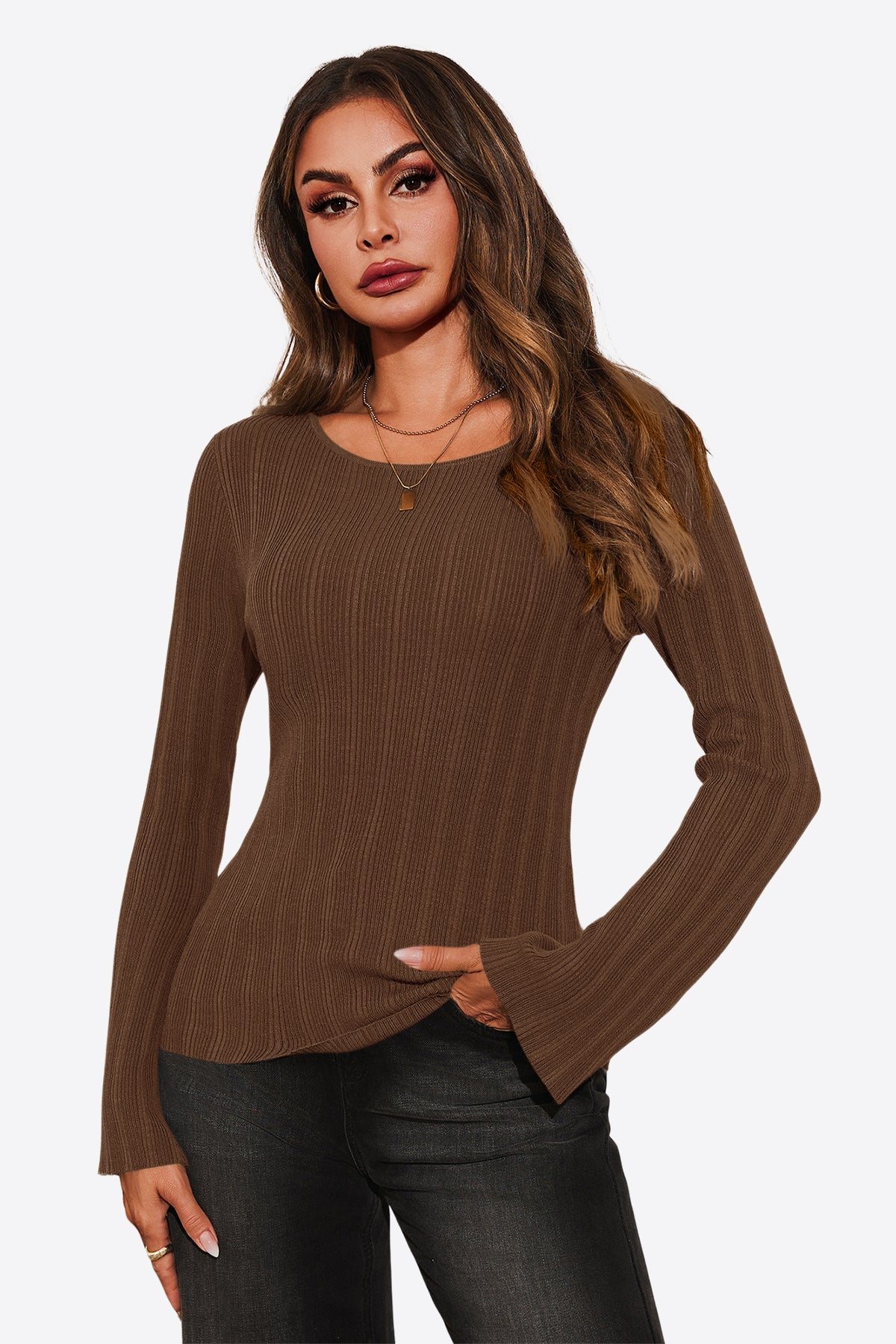Womens Coffee Long Sleeve Knit Tops 1