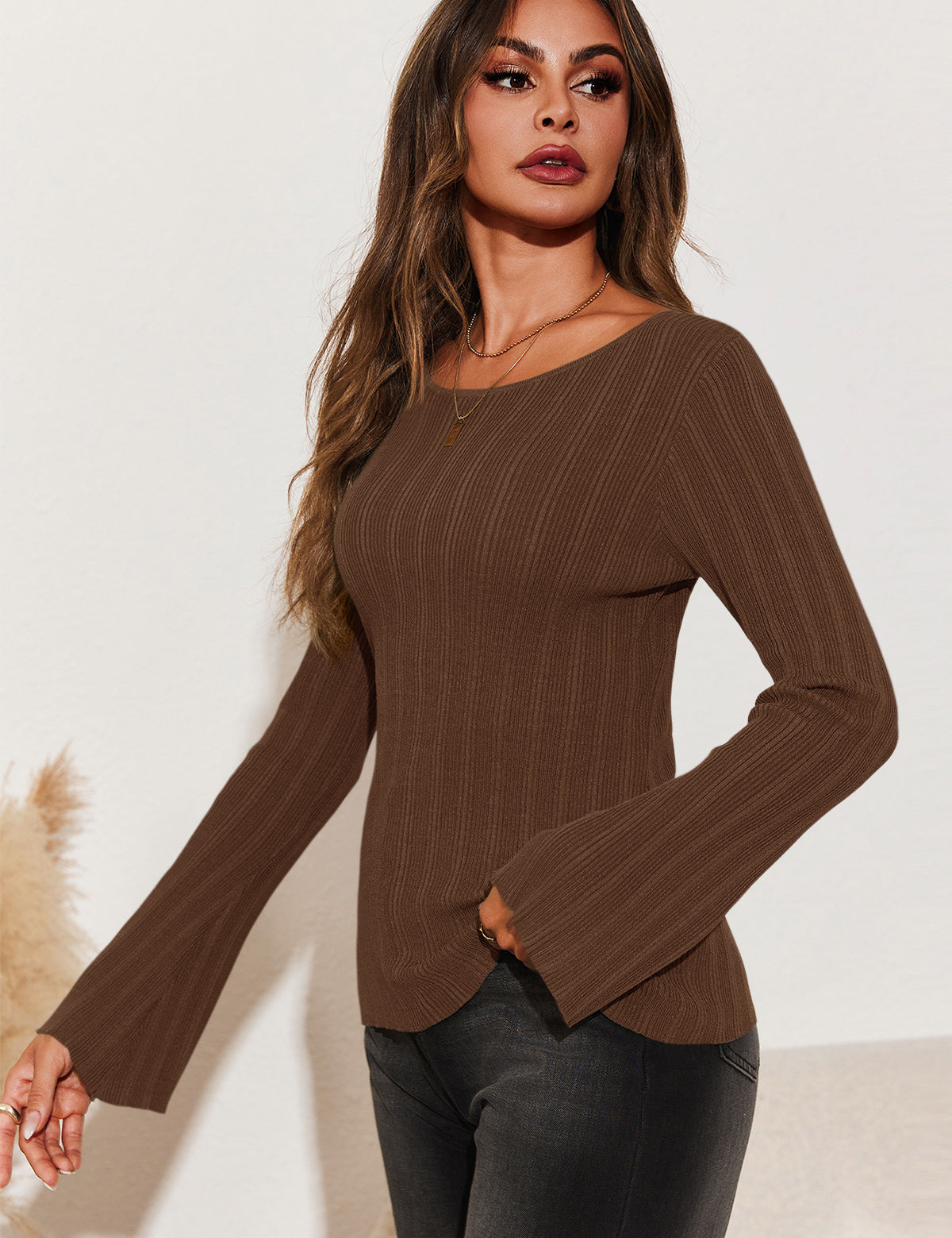 Womens Coffee Long Sleeve Knit Tops 2