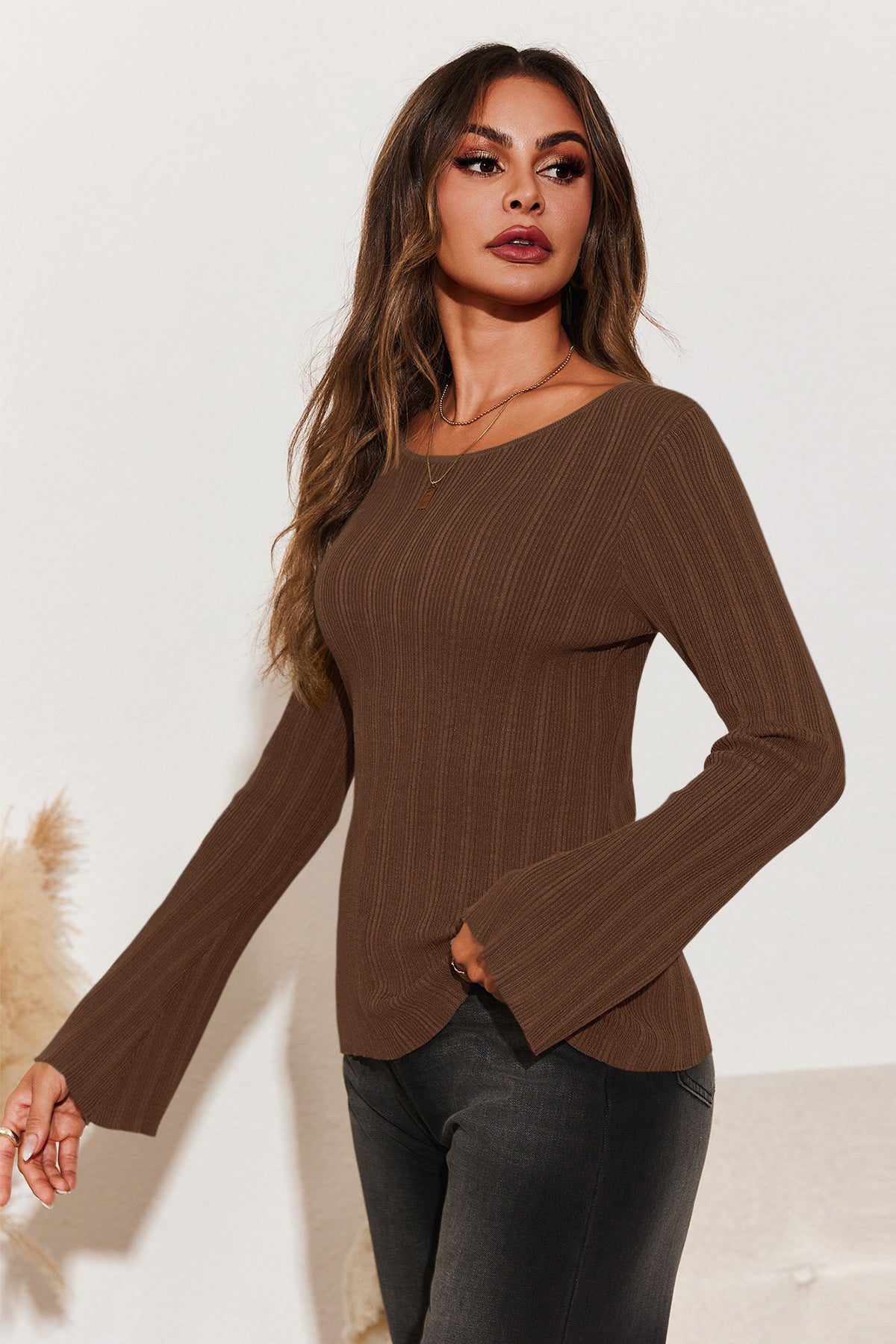 Womens Coffee Long Sleeve Knit Tops 2
