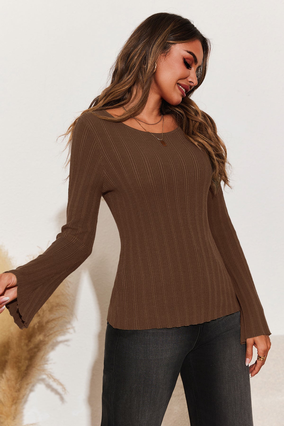 Womens Coffee Long Sleeve Knit Tops | CicyBell