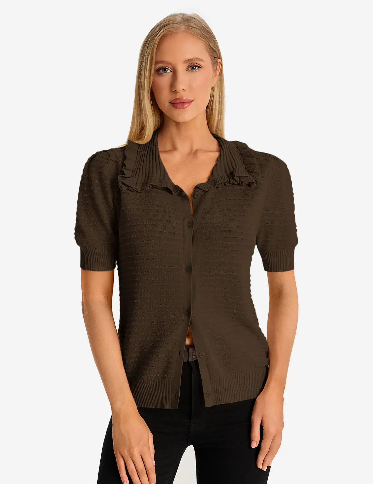 Coffee Ruffle Peter Pan Collar Cardigan Sweater 1