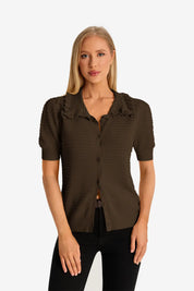 Coffee Ruffle Peter Pan Collar Cardigan Sweater 1