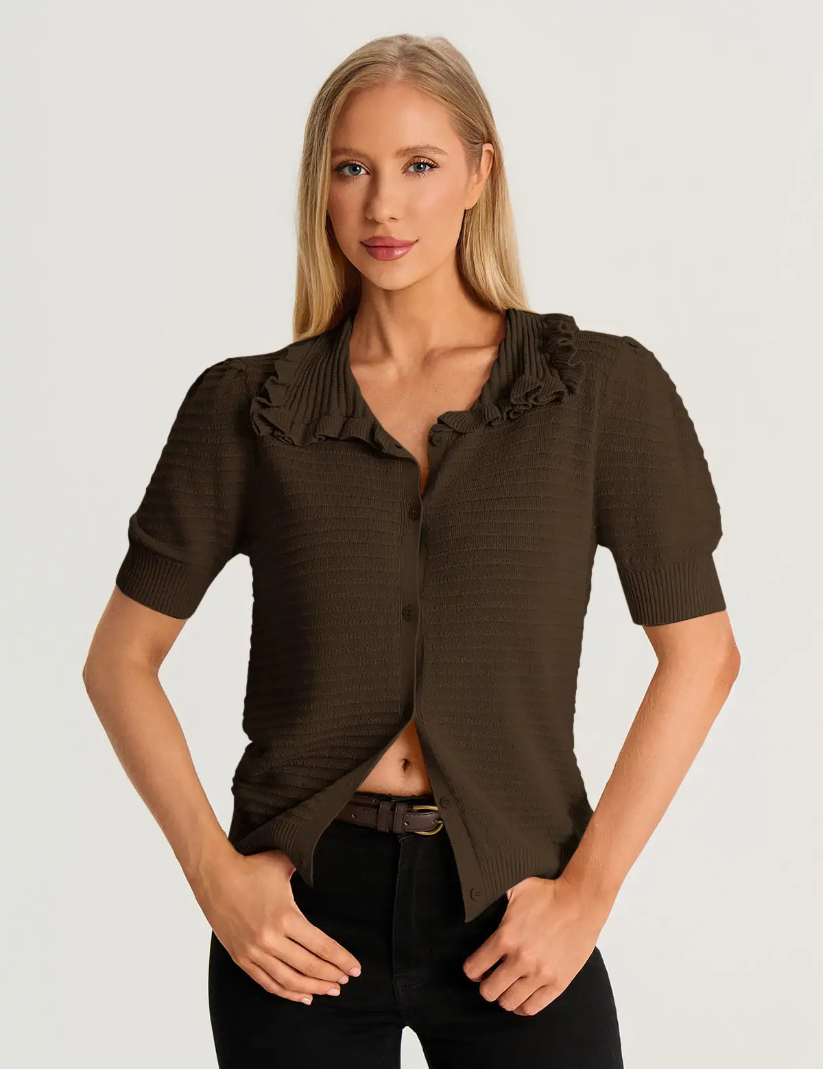 Coffee Ruffle Peter Pan Collar Cardigan Sweater 2