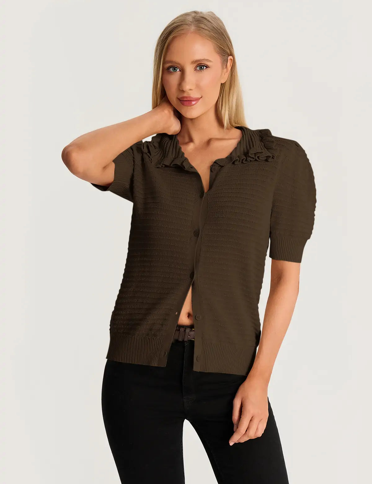 Coffee Ruffle Peter Pan Collar Cardigan Sweater 3