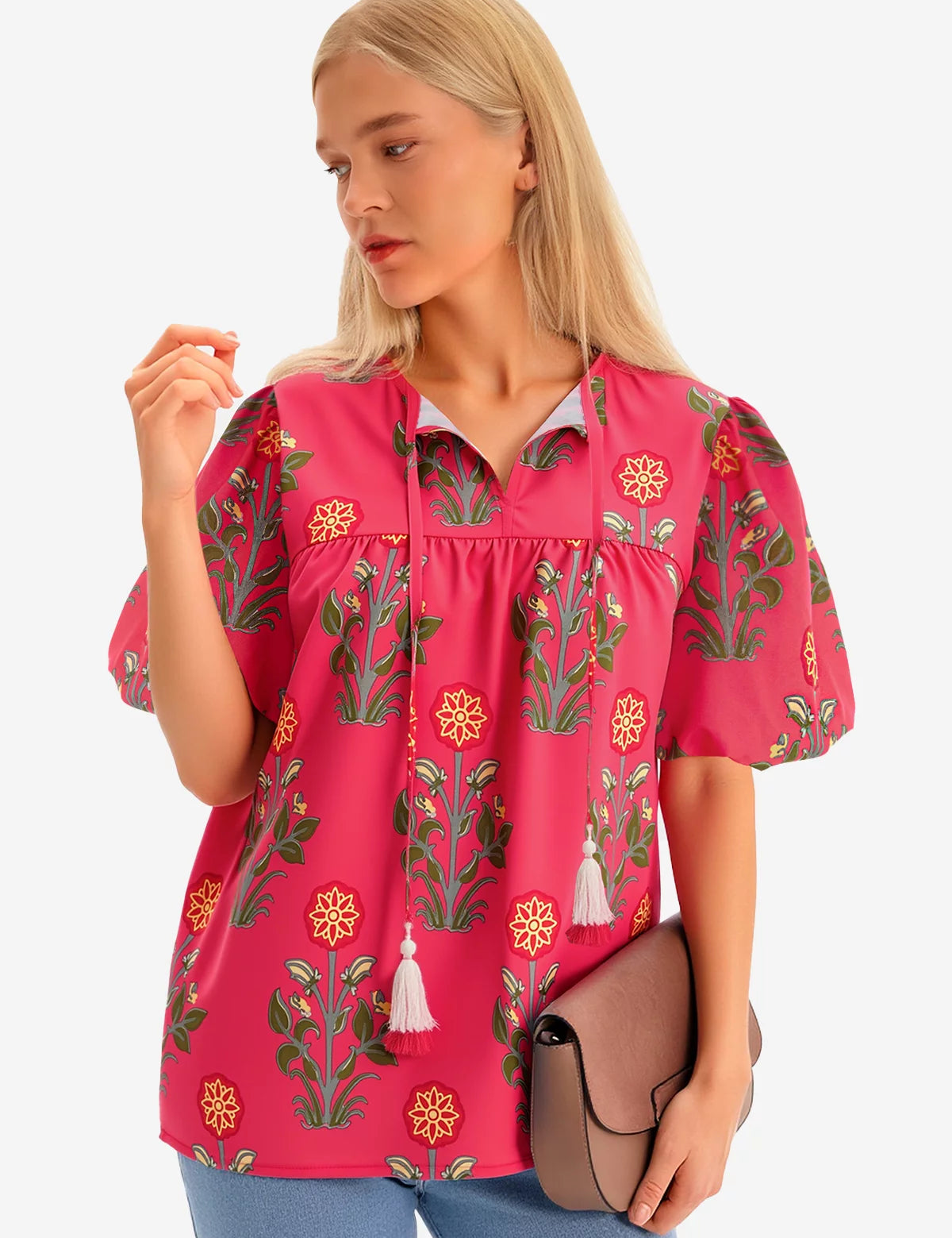 Womens Coral Boho Floral Blouses 3