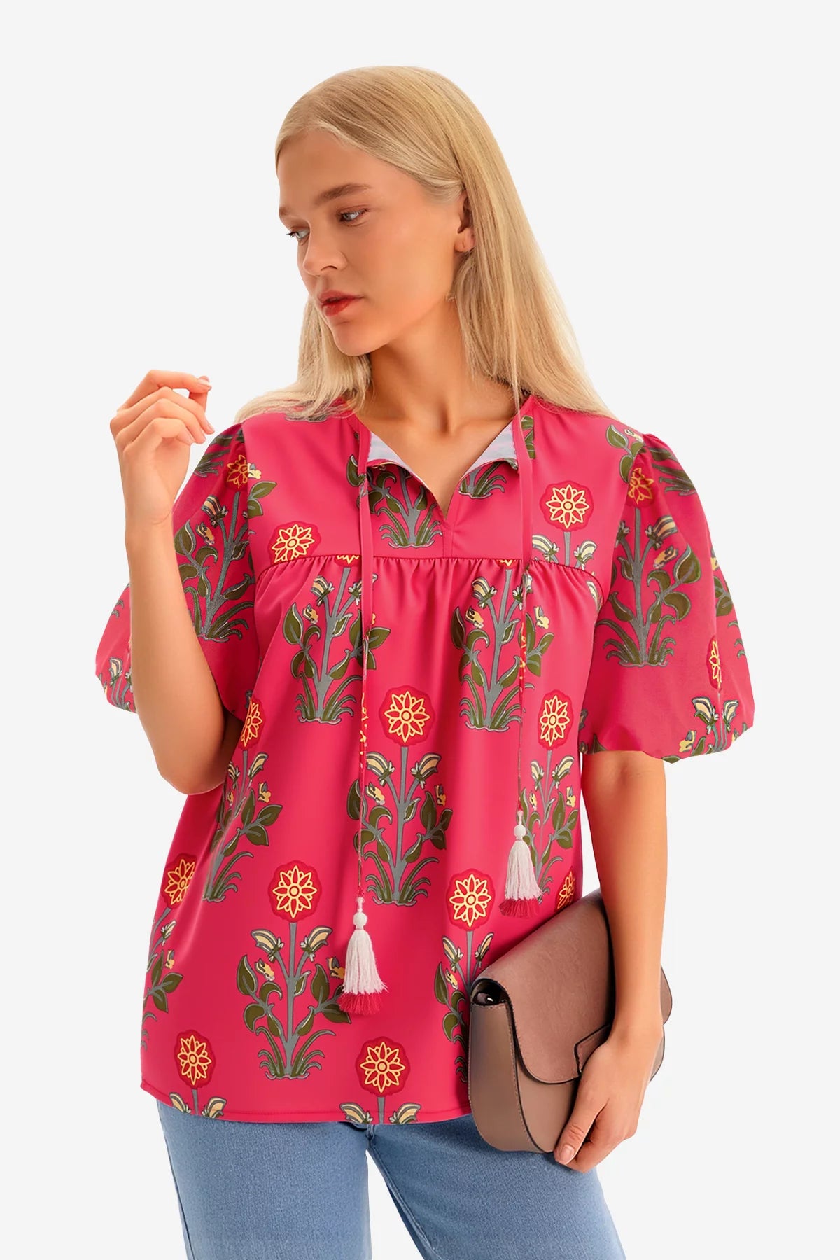 Womens Coral Boho Floral Blouses 3