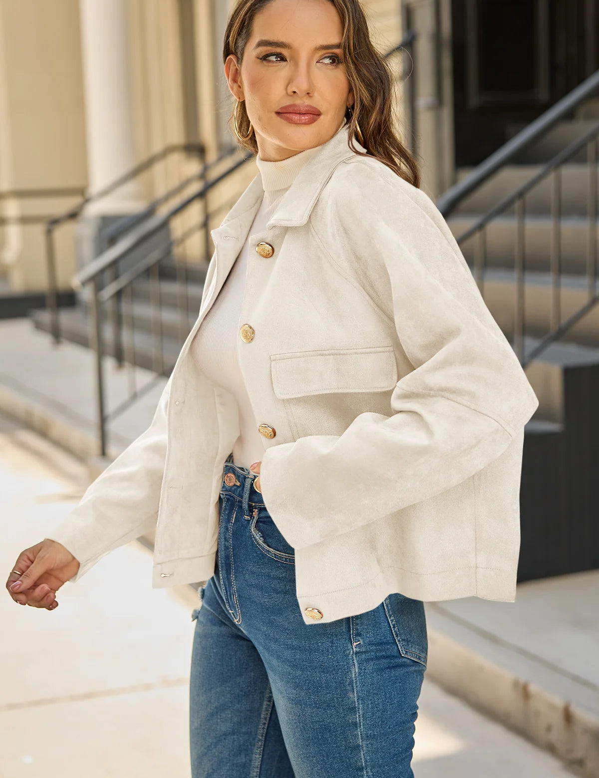 Womens Creamy White Faux Suede Leather Jacket 2