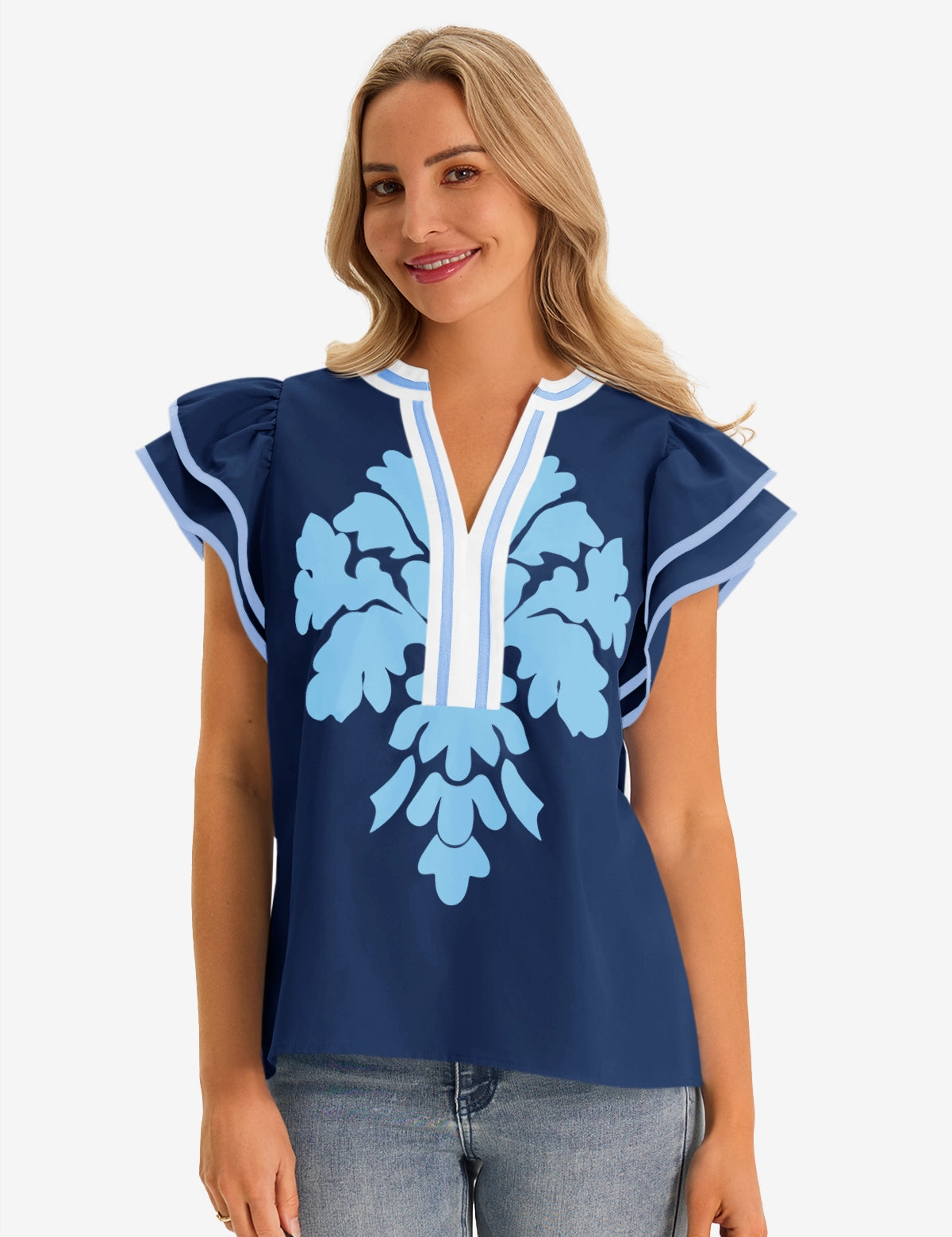 Womens Dark Blue Ruffle Blouses 1