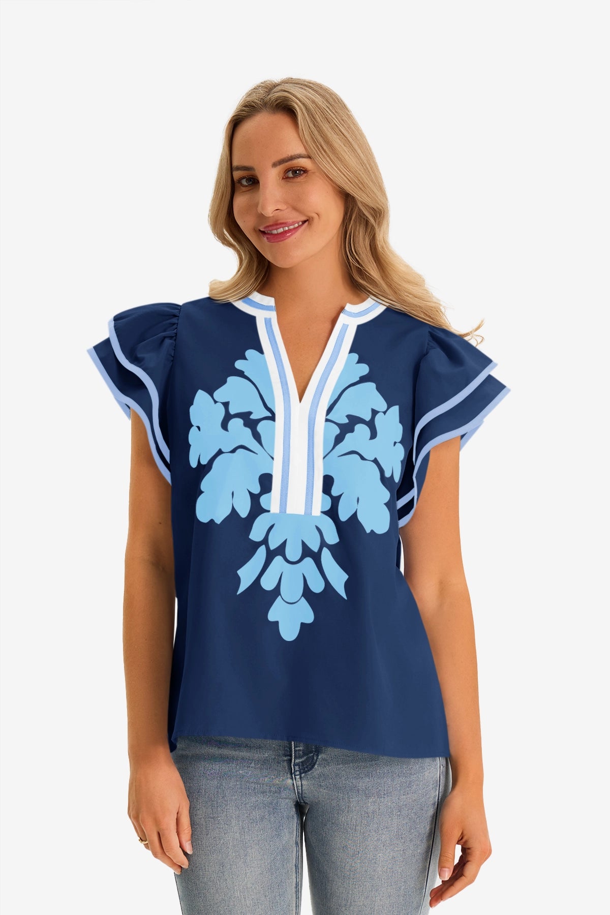 Womens Dark Blue Ruffle Blouses 1