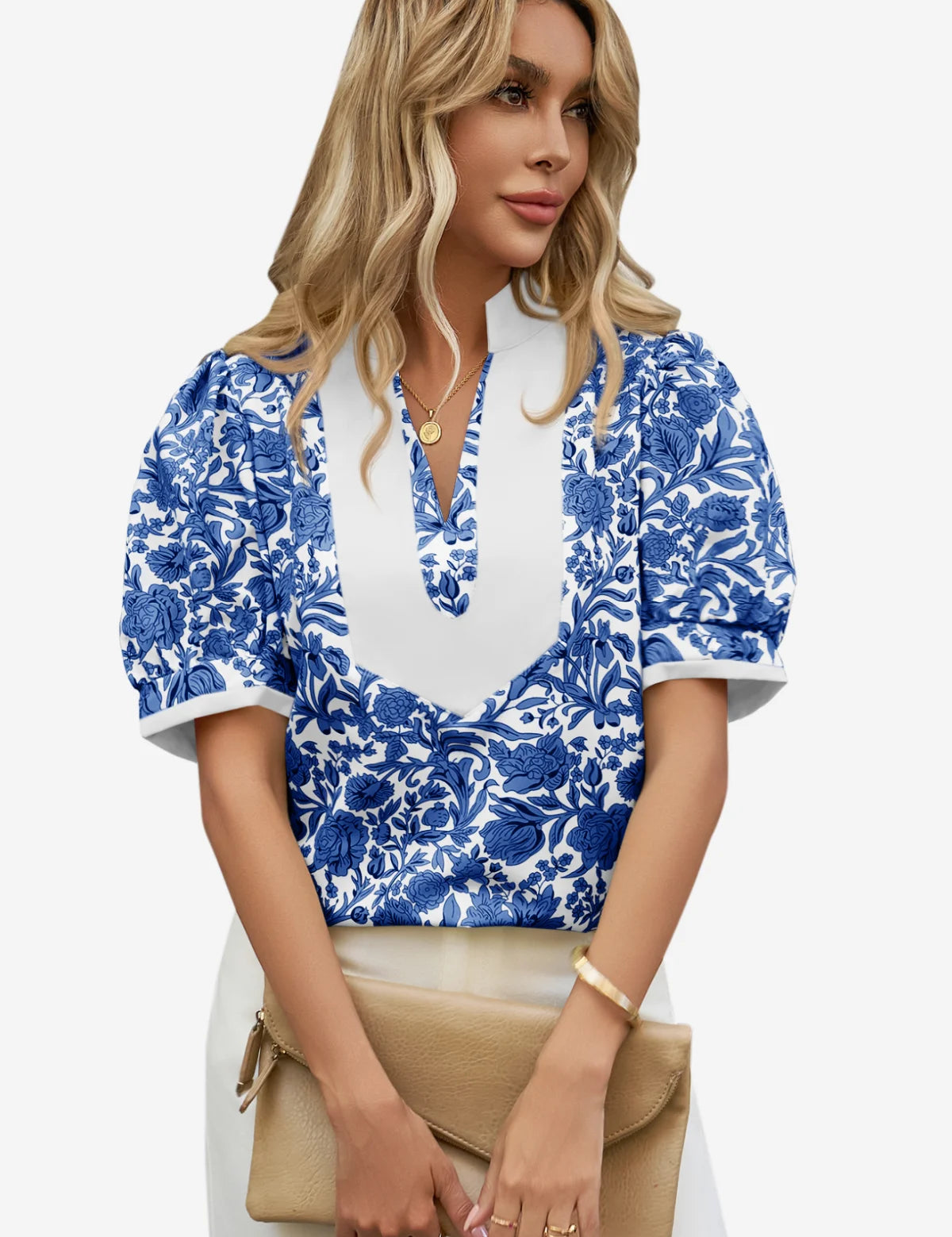 Womens Dark Blue Puff Sleeve Blouses 1