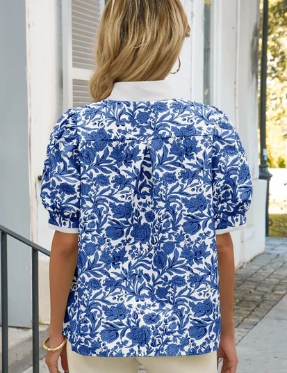 Womens Dark Blue Puff Sleeve Blouses 3