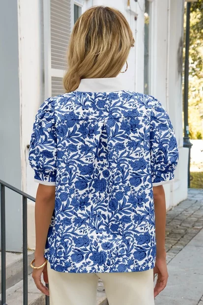 Womens Dark Blue Puff Sleeve Blouses 3