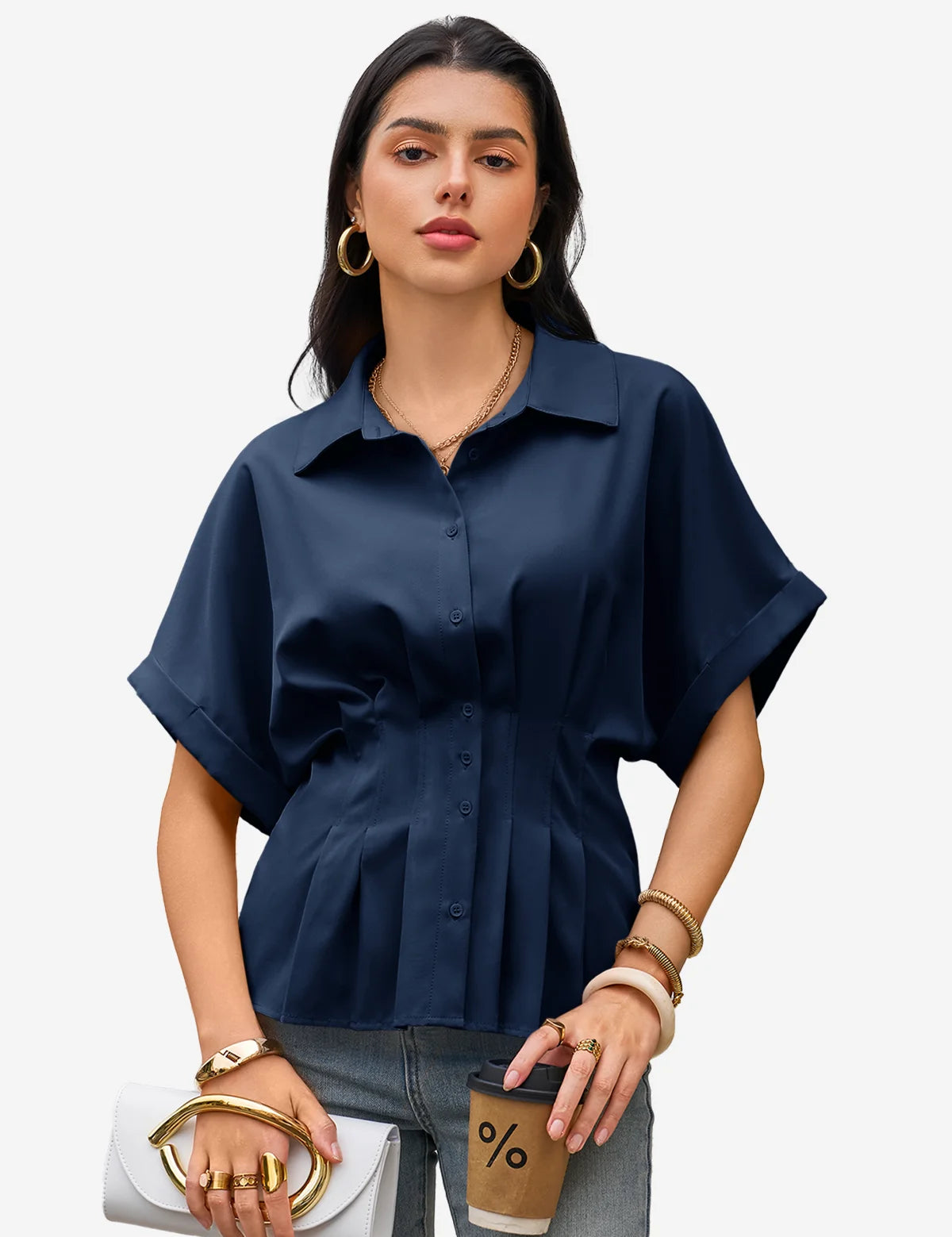 Womens Navy Pleated Button-Down Shirt 1