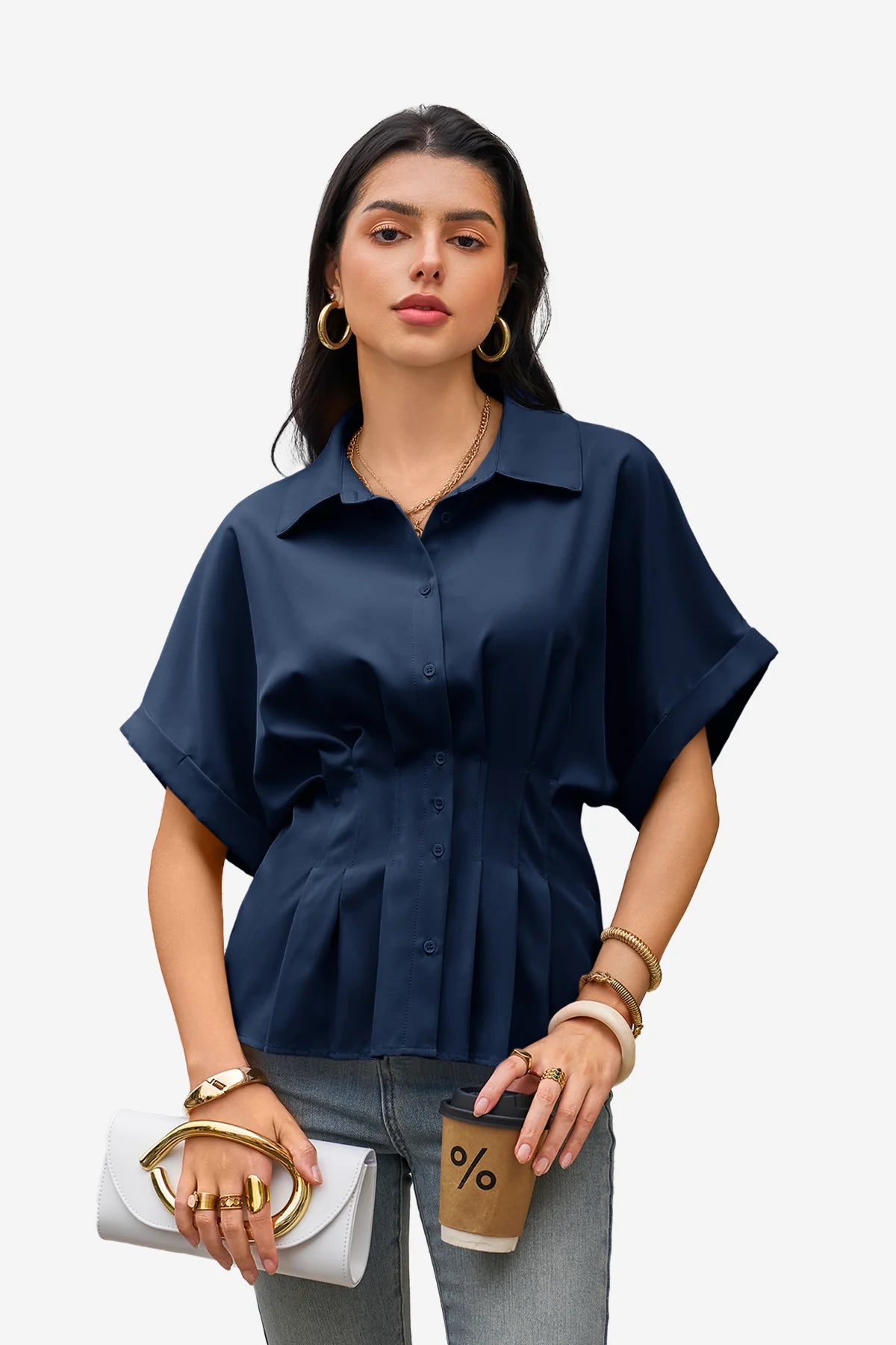 Womens Navy Pleated Button-Down Shirt 1