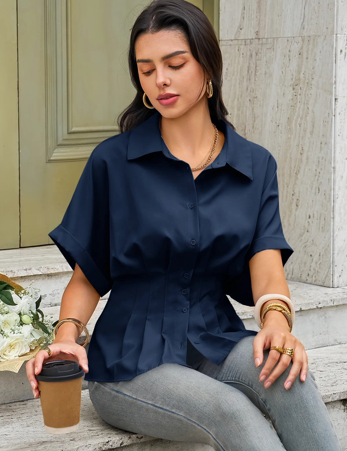 Womens Navy Pleated Button-Down Shirt 2