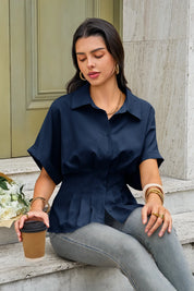 Womens Navy Pleated Button-Down Shirt 2