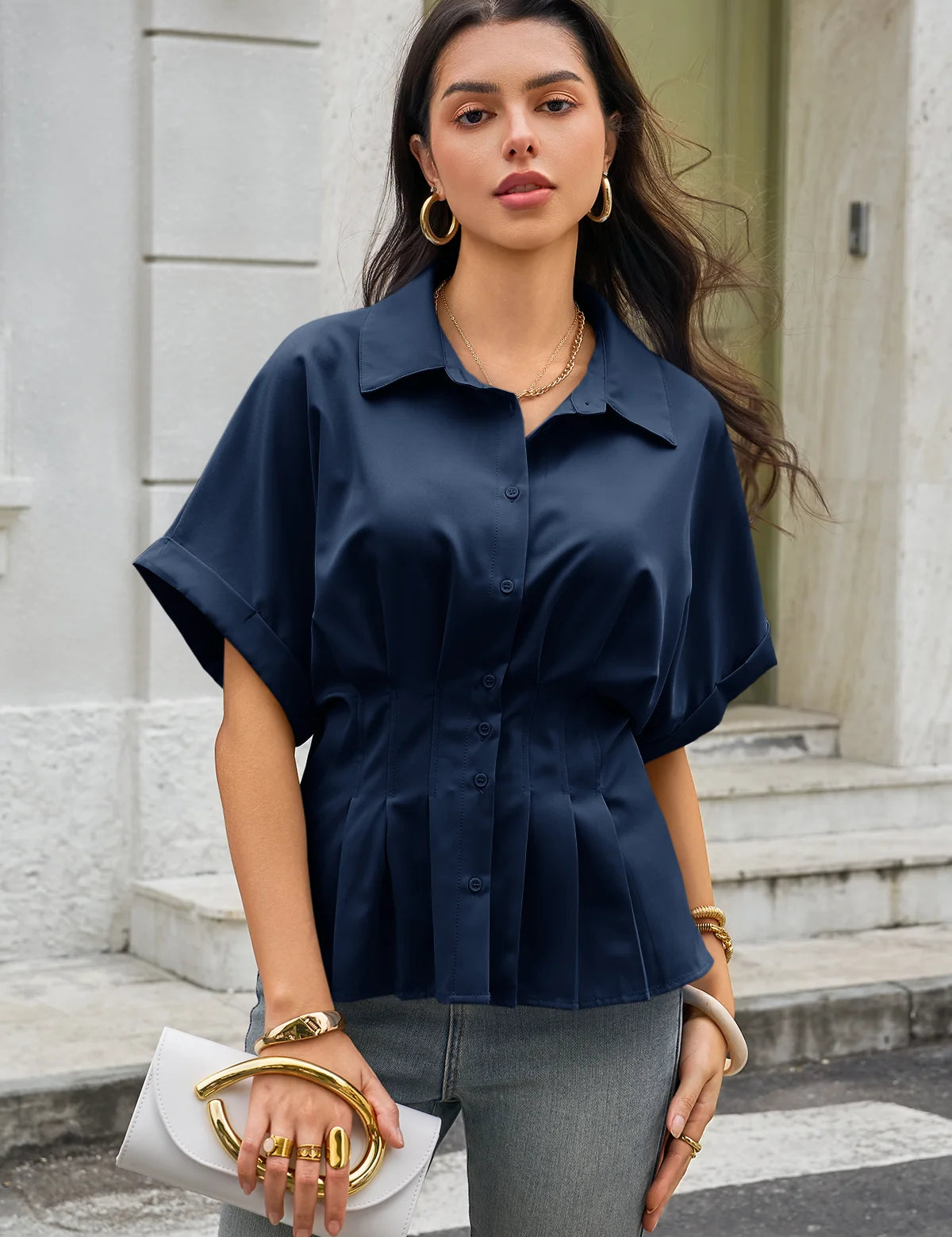 Womens Navy Pleated Button-Down Shirt 3