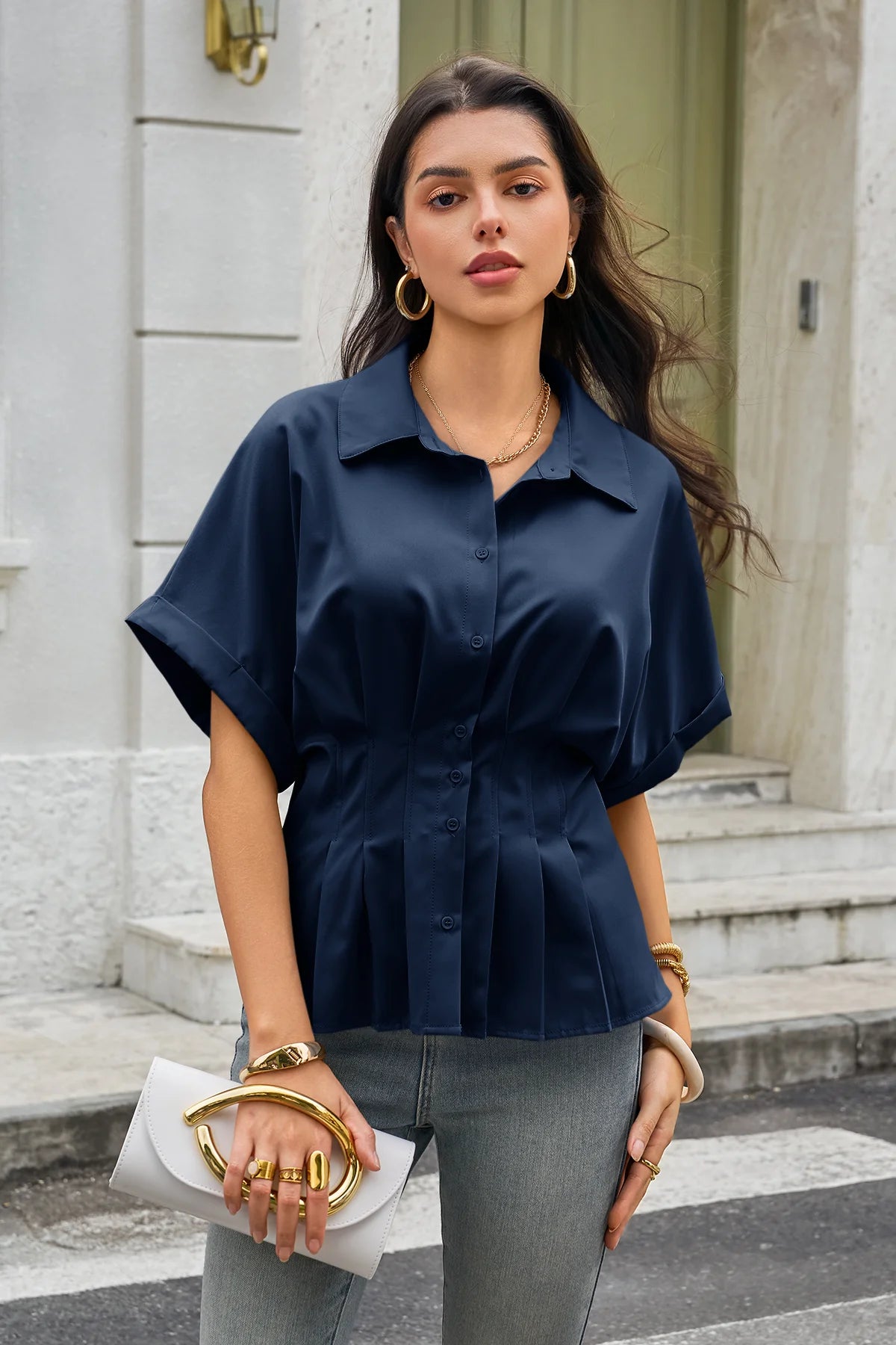 Womens Navy Pleated Button-Down Shirt 3
