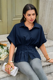Cicy Bell Womens Navy Pleated Button-Down Shirt