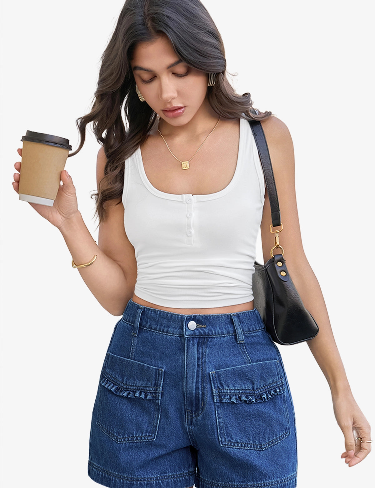 Womens Dark Blue Elastic High Waisted Jean Shorts 1