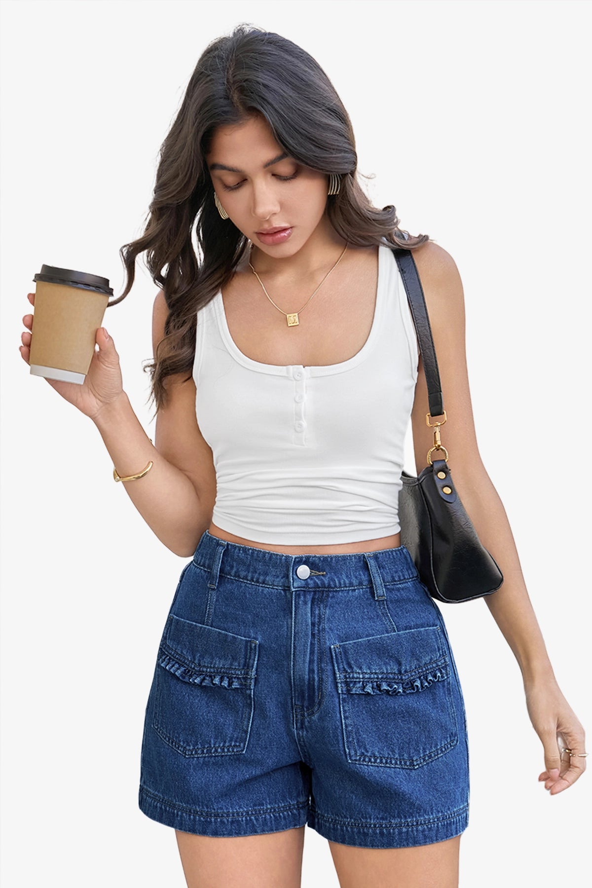 Womens Dark Blue Elastic High Waisted Jean Shorts 1