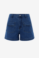 Womens Dark Blue Elastic High Waisted Jean Shorts 2