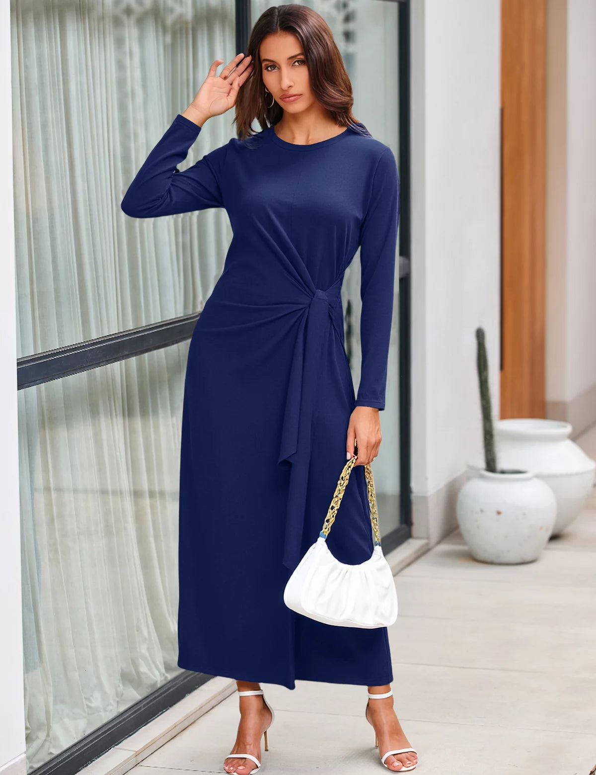 Womens Dark Blue Long Sleeve Maxi Dress 3