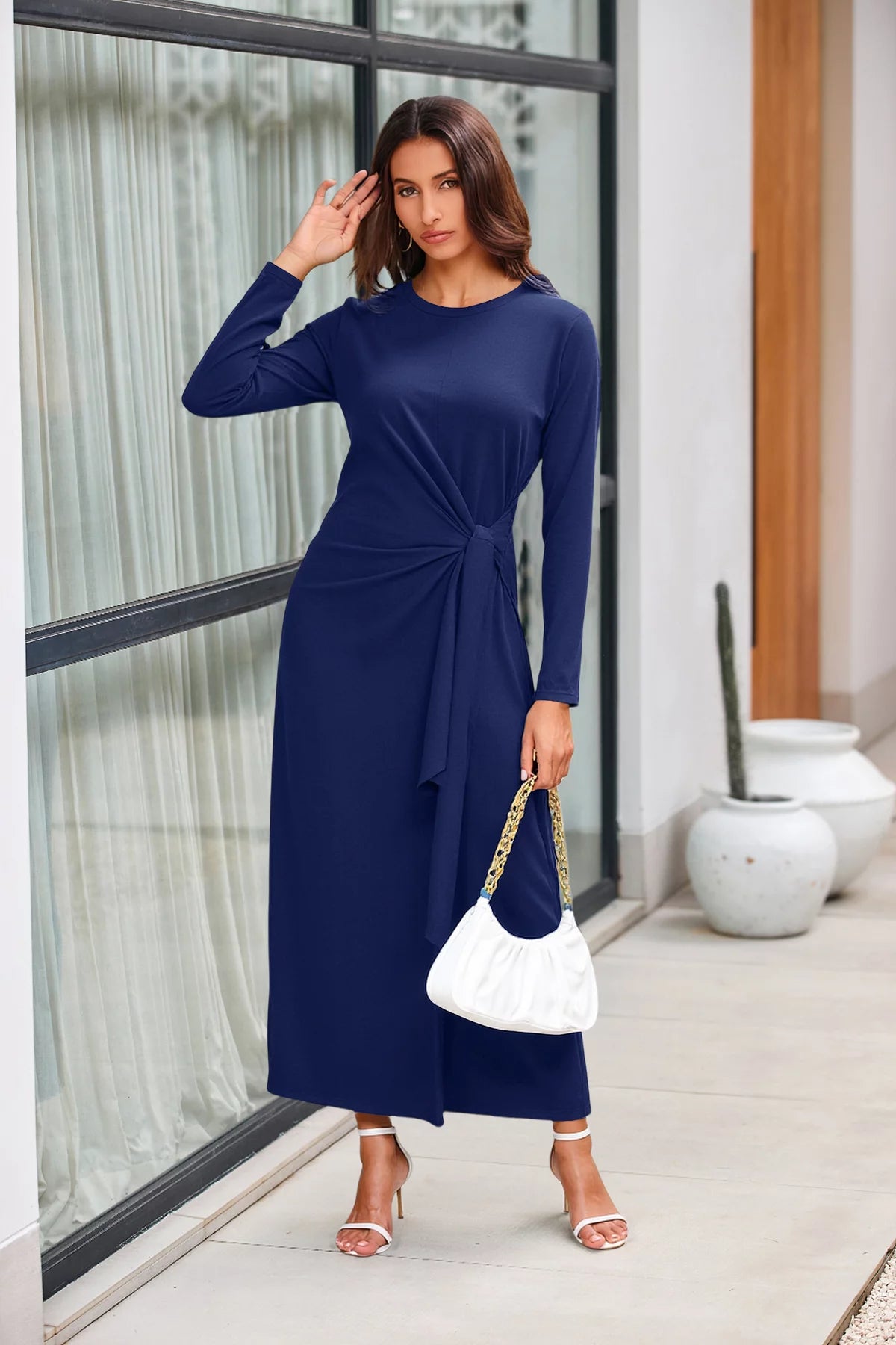 Womens Dark Blue Long Sleeve Maxi Dress 3
