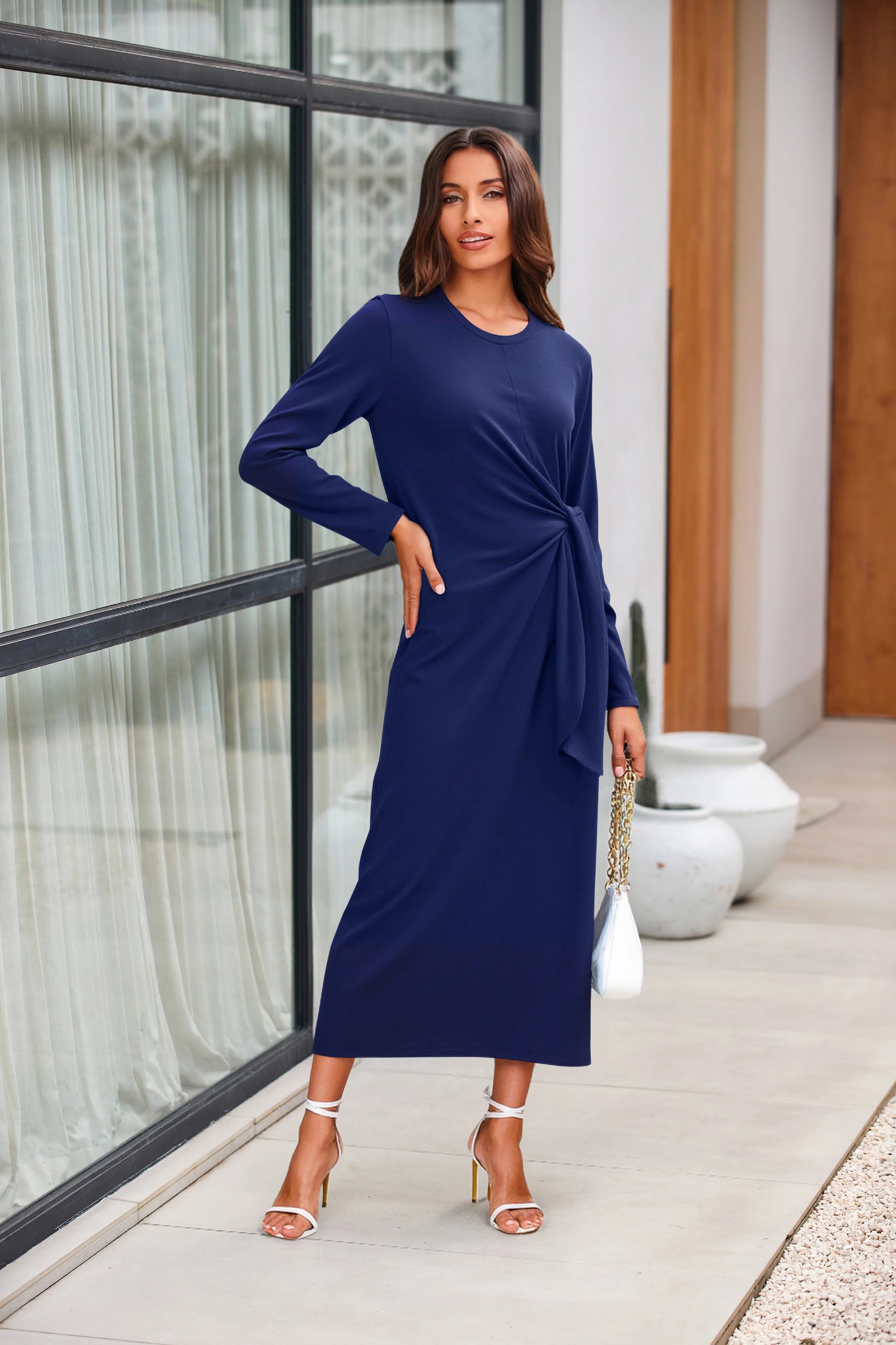 Womens Dark Blue Long Sleeve Maxi Dress | CicyBell