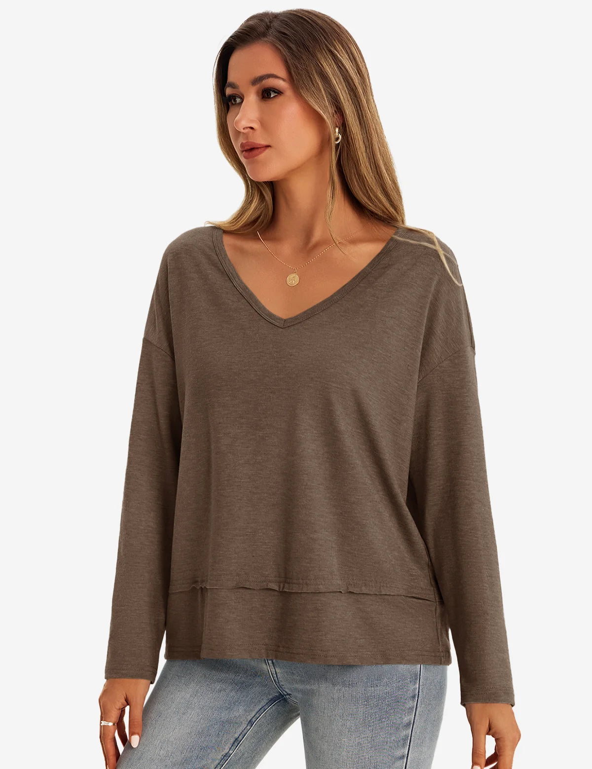 Womens Dark Brown V Neck Casual Flowy Tops 1