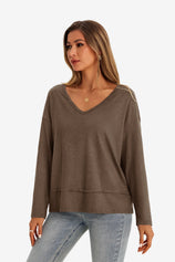 Womens Dark Brown V Neck Casual Flowy Tops 1