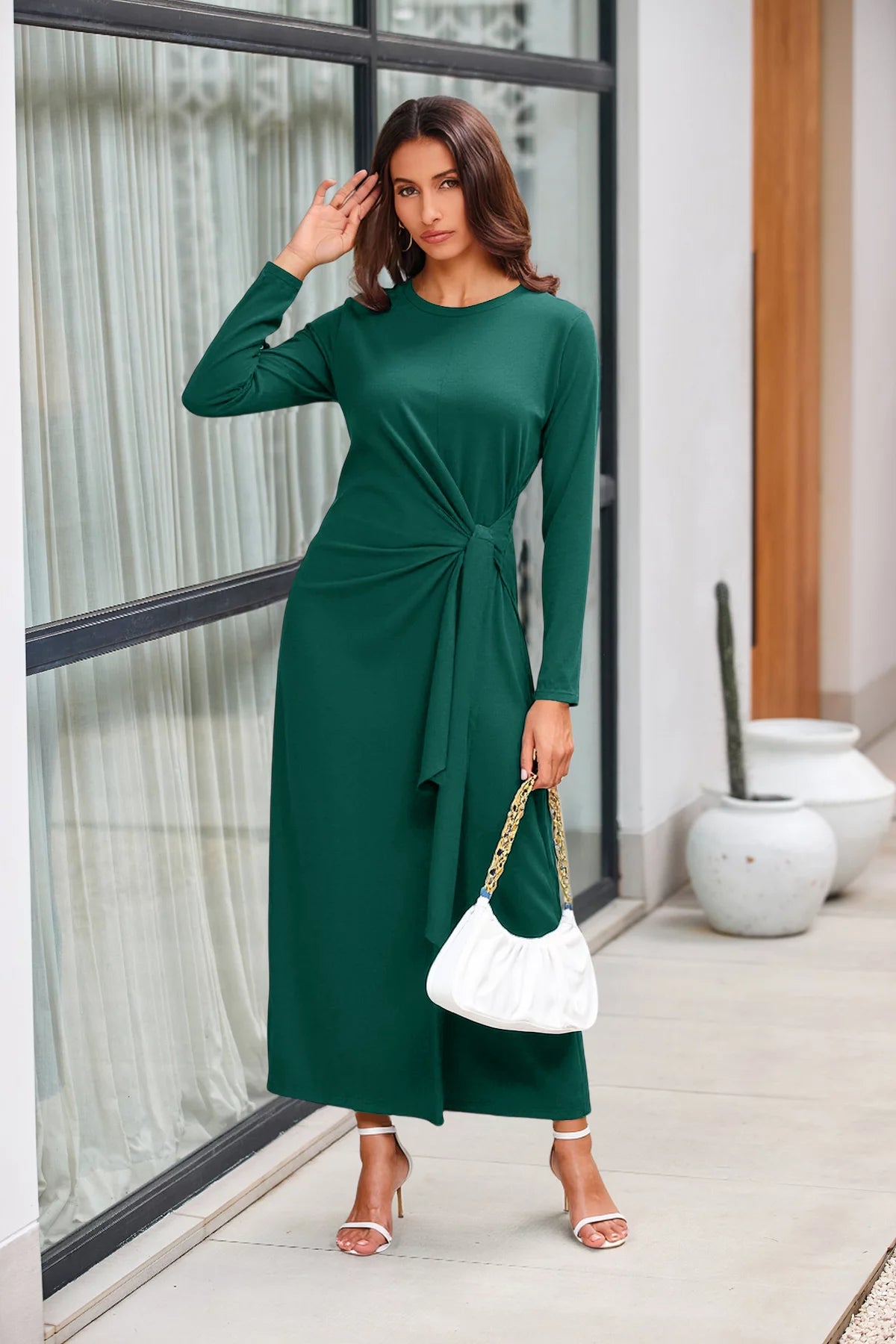 Womens Dark Green Long Sleeve Maxi Dress 3