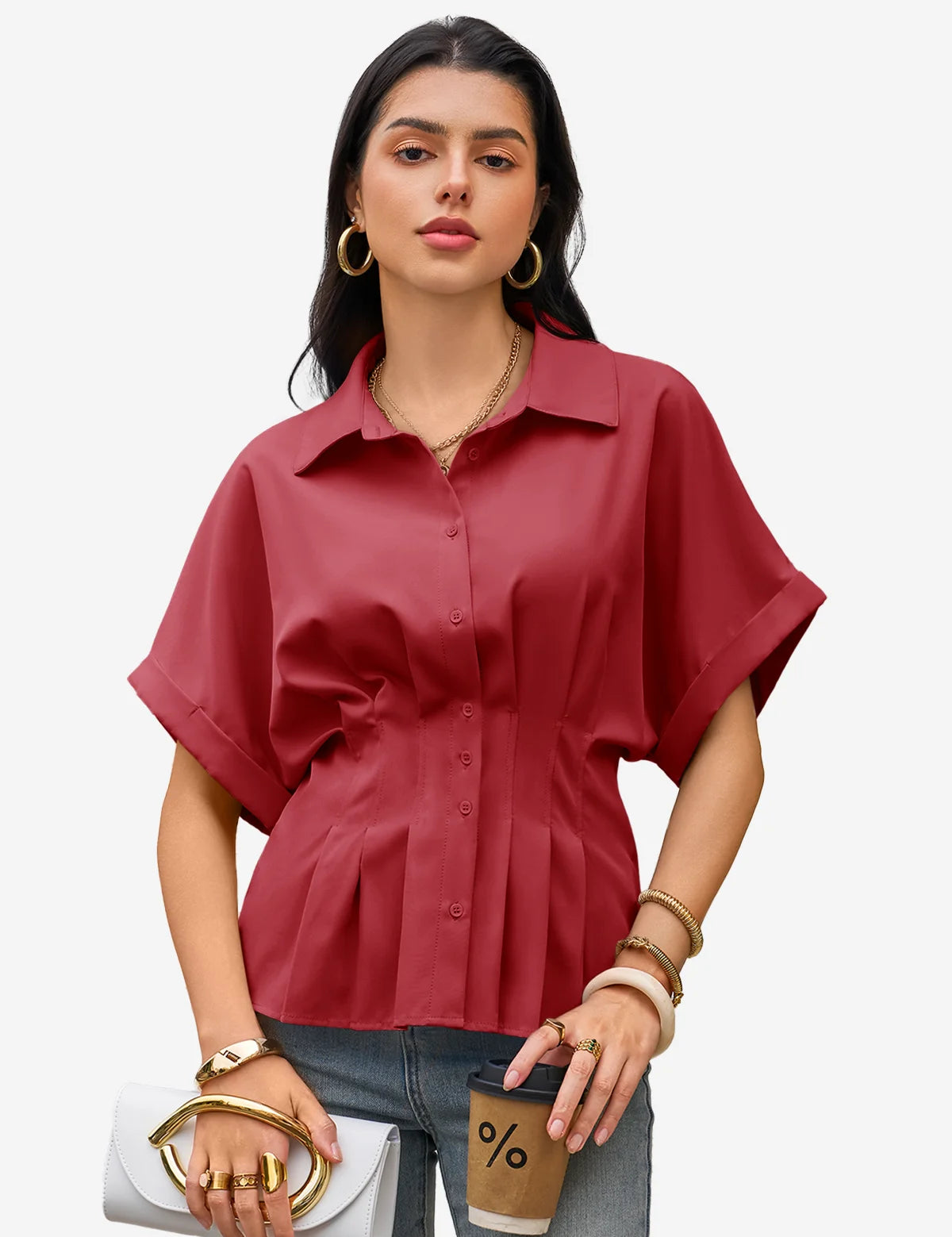 Womens Dark Red Pleated Button-Down Shirt 1