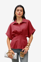 Womens Dark Red Pleated Button-Down Shirt 1