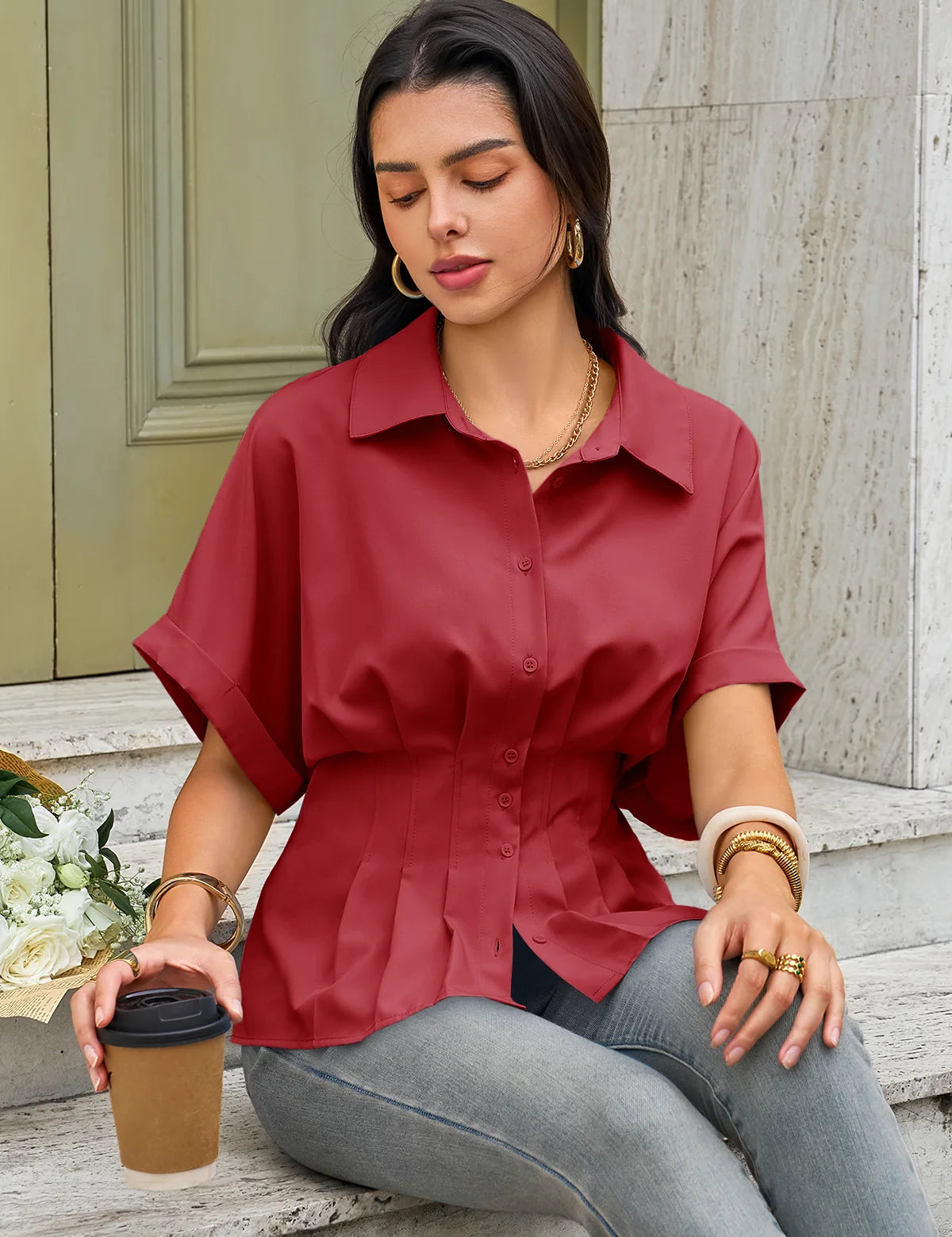 Womens Dark Red Pleated Button-Down Shirt 2