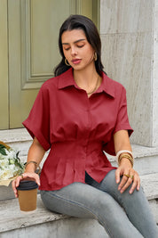 Womens Dark Red Pleated Button-Down Shirt 2