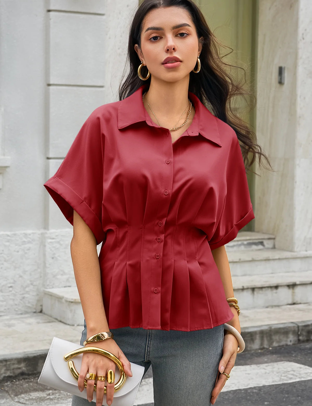 Womens Dark Red Pleated Button-Down Shirt 3