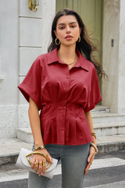 Womens Dark Red Pleated Button-Down Shirt 3