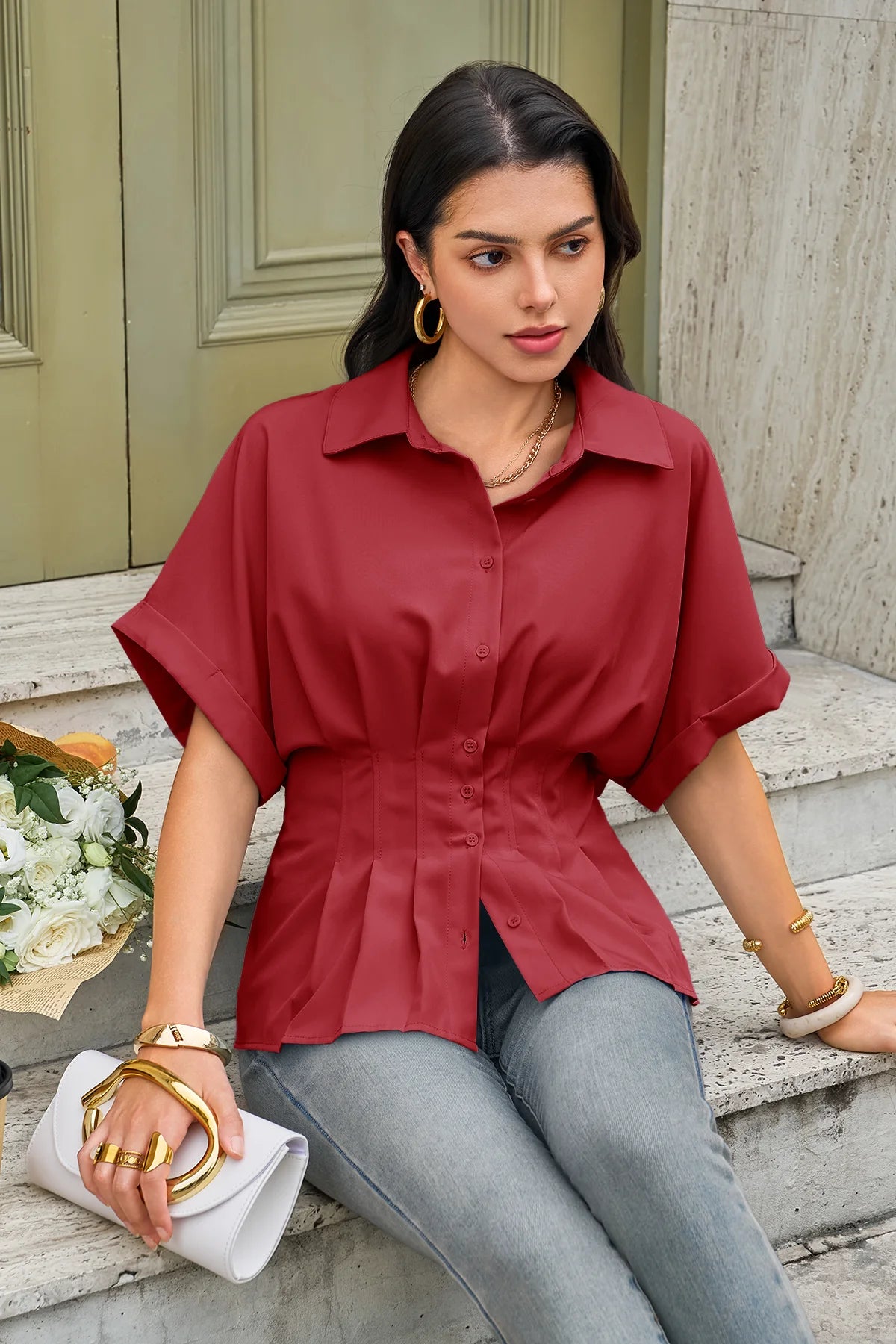 Cicy Bell Womens Dark Red Pleated Button-Down Shirt