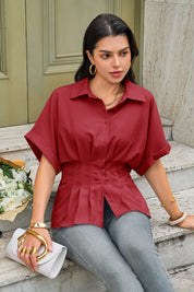 Cicy Bell Womens Dark Red Pleated Button-Down Shirt