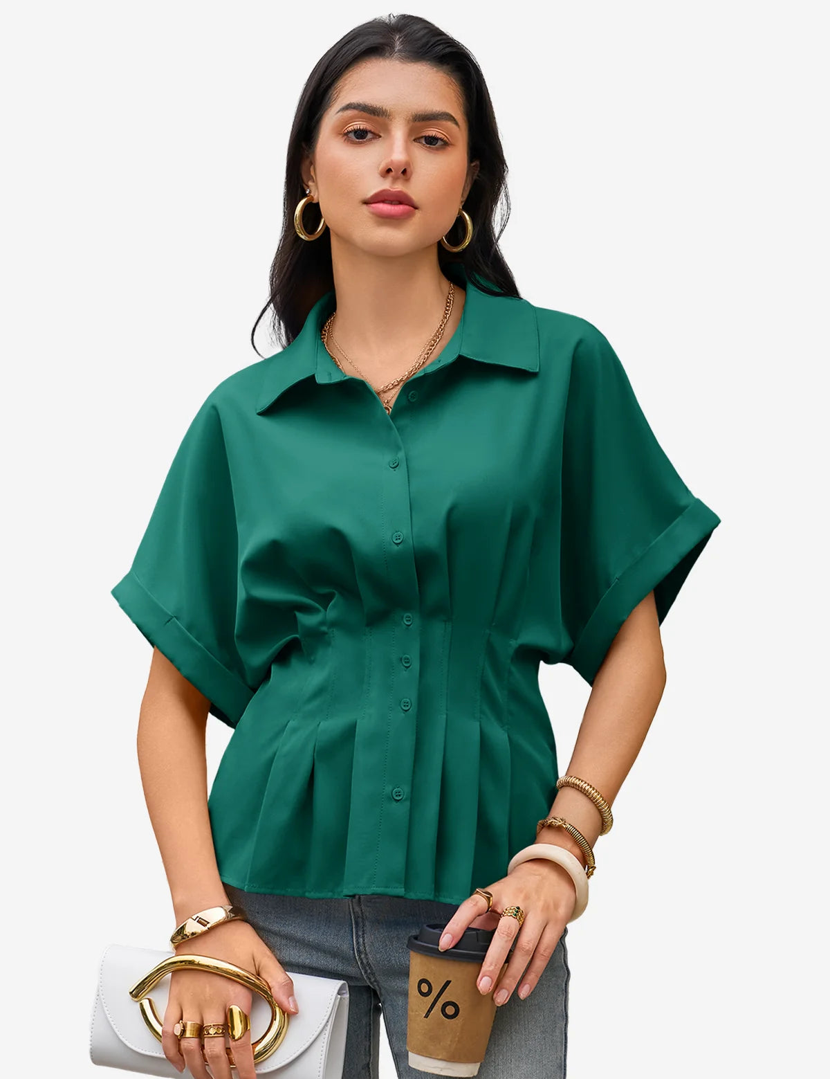 Womens Deep Green Pleated Button-Down Shirt 1