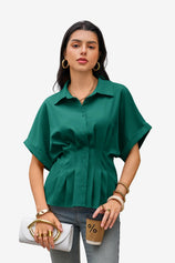 Womens Deep Green Pleated Button-Down Shirt 1